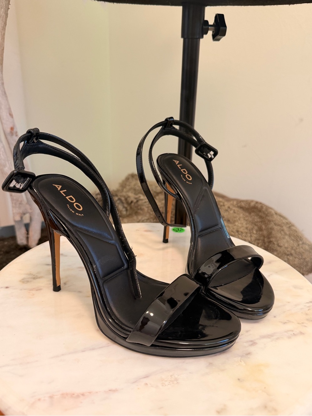 Aldo Black Patent Stiletto Ankle-Strap Sandals